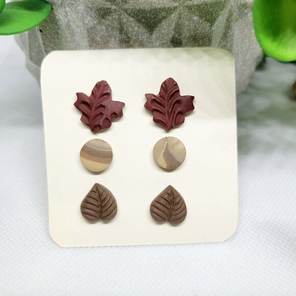 Hand Crafted Jewelry - Fall leaf clay stud earring multipack, handmade and hypoallergenic